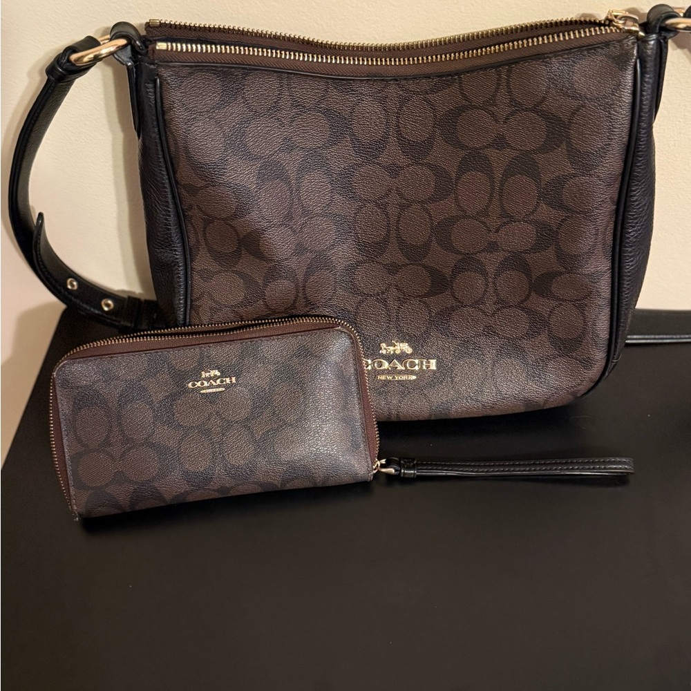 Coach Dark Brown Signature Crossbody and Wallet